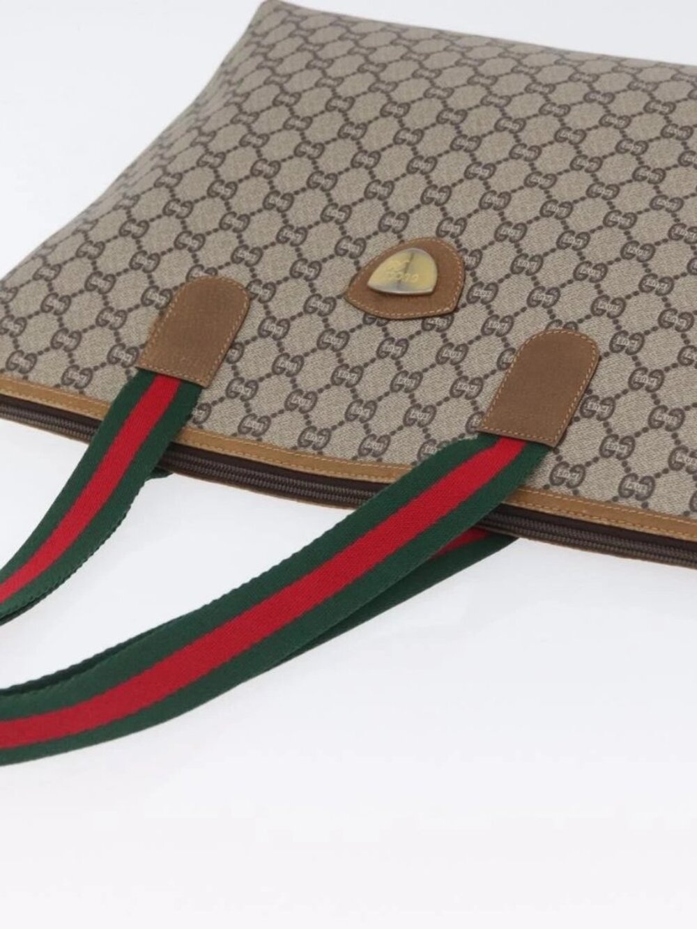 GUCCI GG Plus Supreme Web Sherry Line Tote Bag PVC Beige Red Green Auth 173818 - Picture 6 of 15